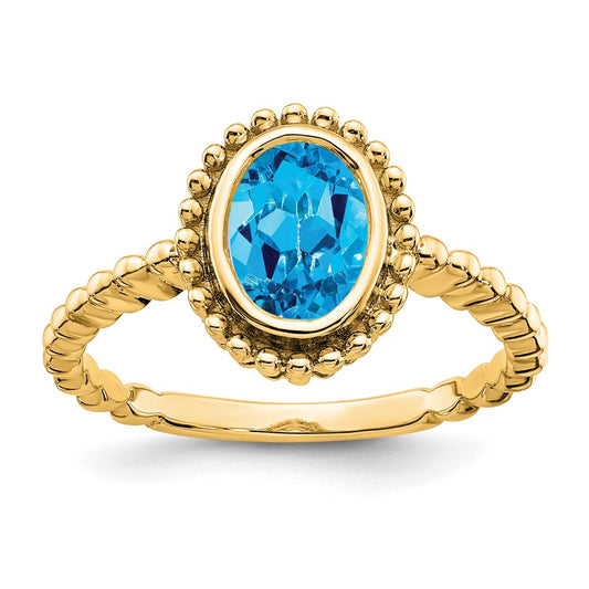 Solid 14k Yellow Gold Oval Simulated Blue Topaz Ring