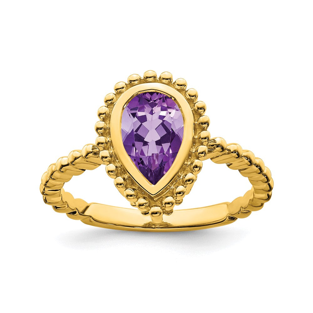 Solid 14k Yellow Gold Pear Simulated Amethyst Ring