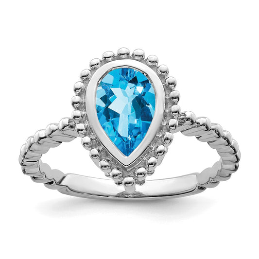 Solid 14k White Gold Pear Simulated Blue Topaz Ring