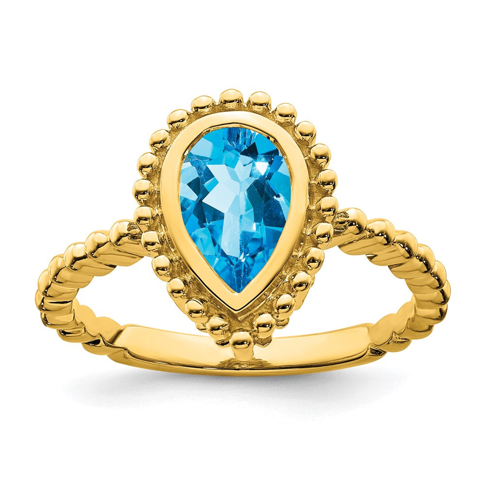 Solid 14k Yellow Gold Pear Simulated Blue Topaz Ring