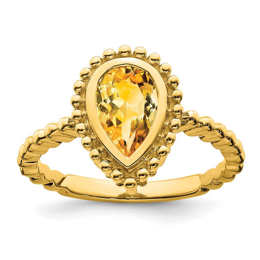 Solid 14k Yellow Gold Pear Simulated Citrine Ring