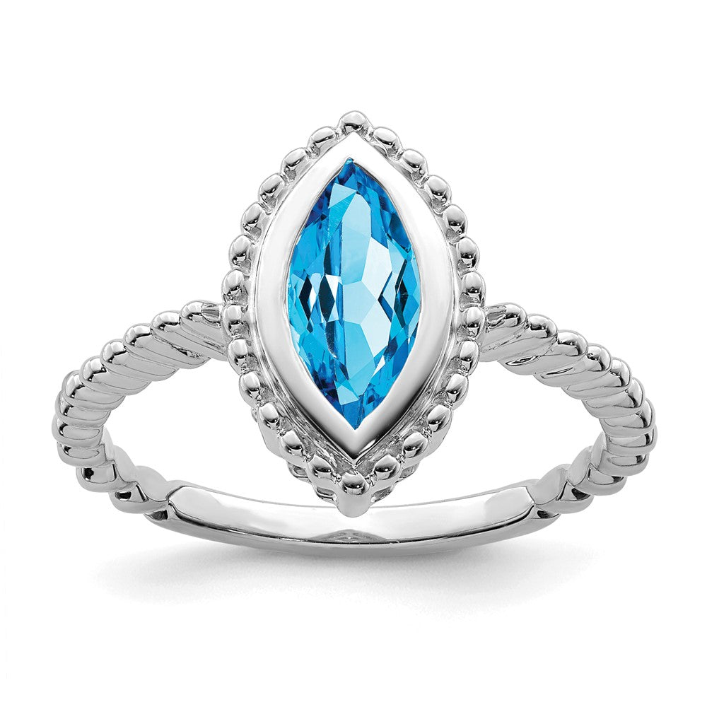 Solid 14k White Gold Marquise Simulated Blue Topaz Ring