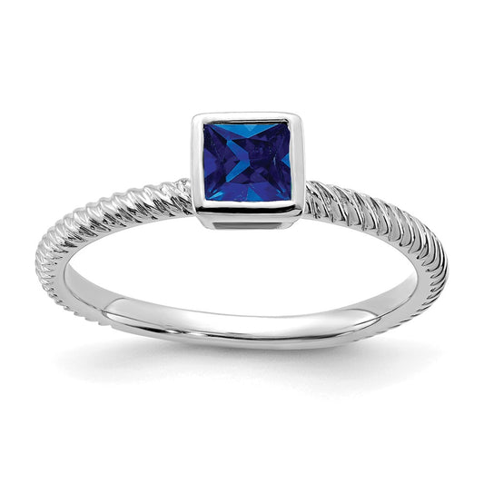 Solid 14k White Gold Square Bezel Simulated Sapphire Ring