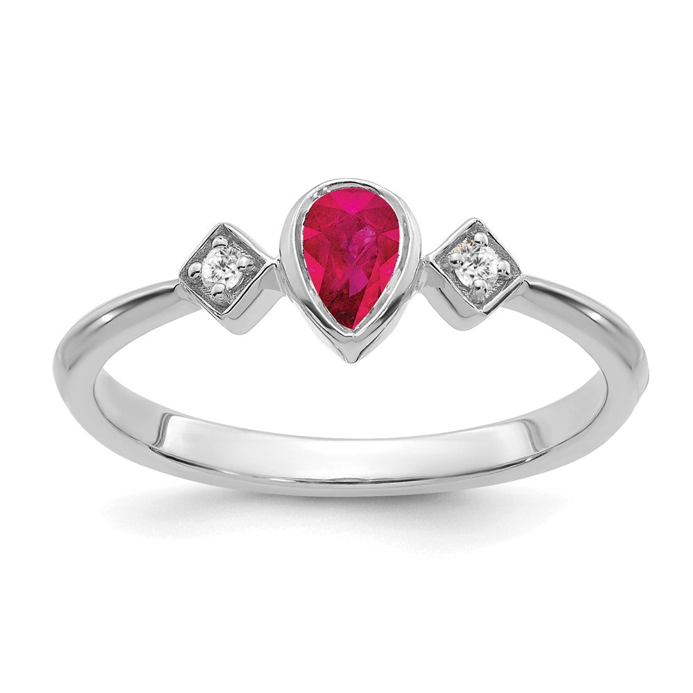 14k White Gold Pear Bezel Ruby and Real Diamond Ring