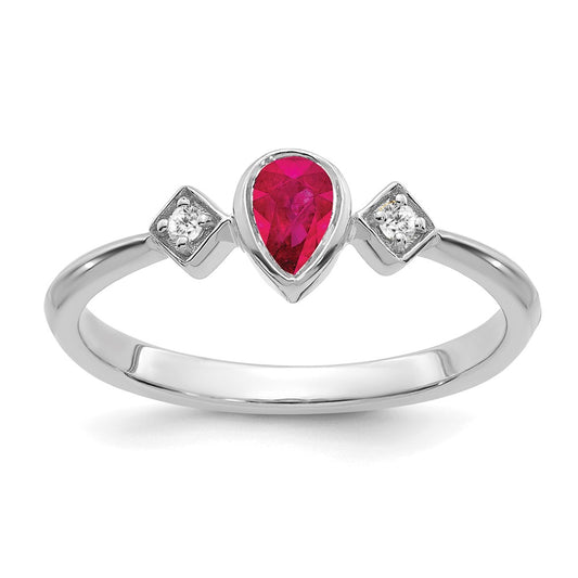 14k White Gold Pear Bezel Ruby and Real Diamond Ring