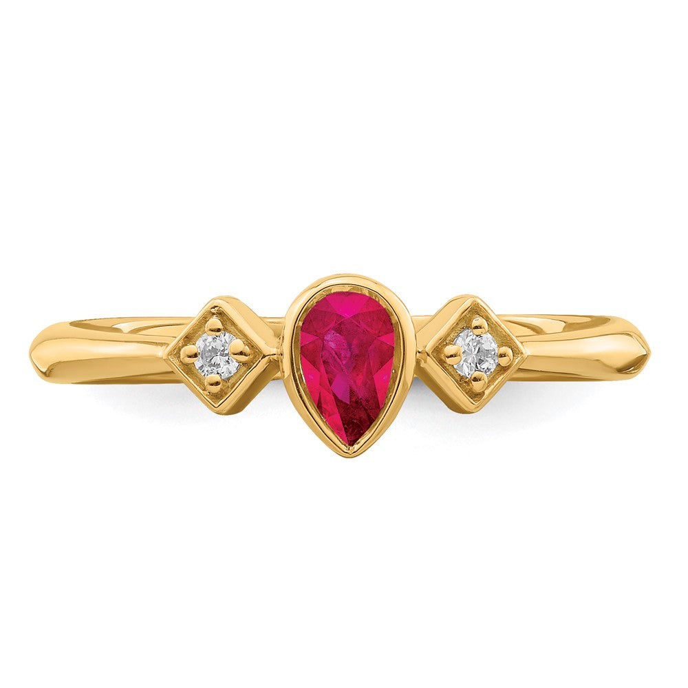 14K Yellow Gold Pear Bezel Ruby and Real Diamond Ring