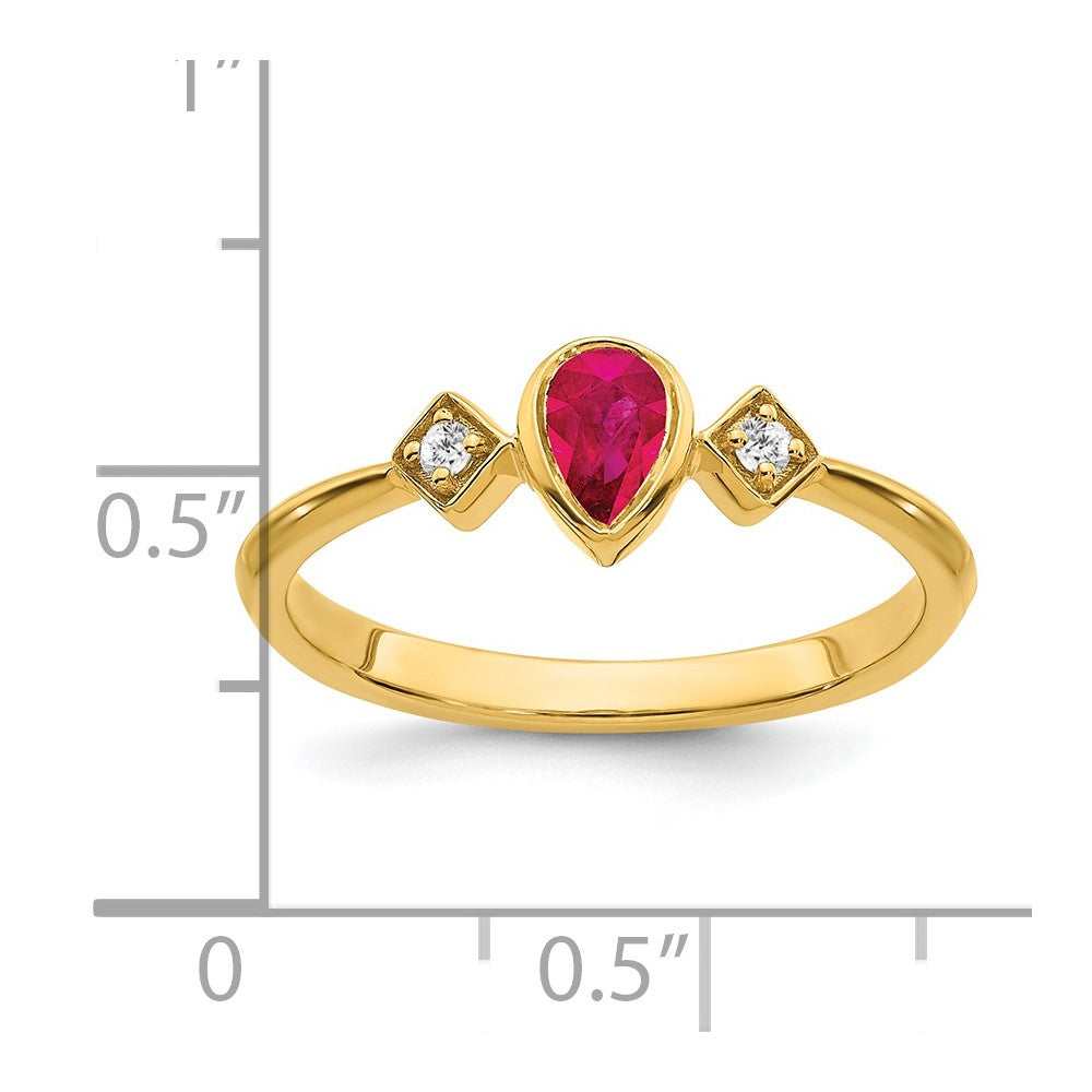 14K Yellow Gold Pear Bezel Ruby and Real Diamond Ring