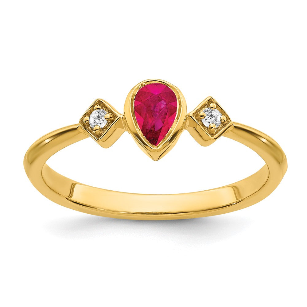 14K Yellow Gold Pear Bezel Ruby and Real Diamond Ring