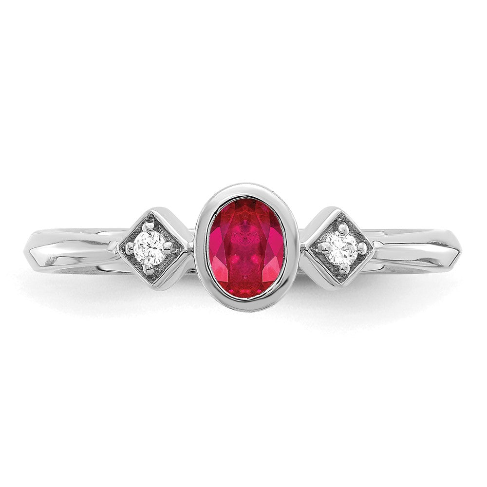 14k White Gold Oval Bezel Ruby and Real Diamond Ring