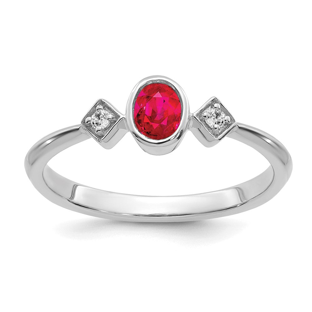 14k White Gold Oval Bezel Ruby and Real Diamond Ring