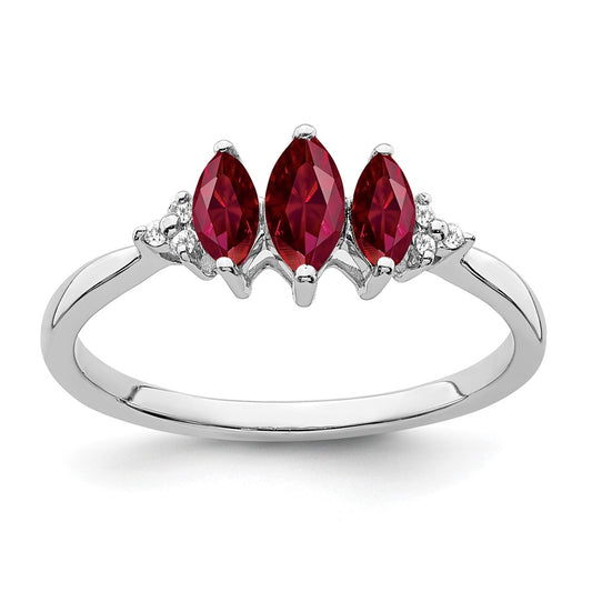 14k White Gold Marquise Created Ruby and Real Diamond 3-stone Ring