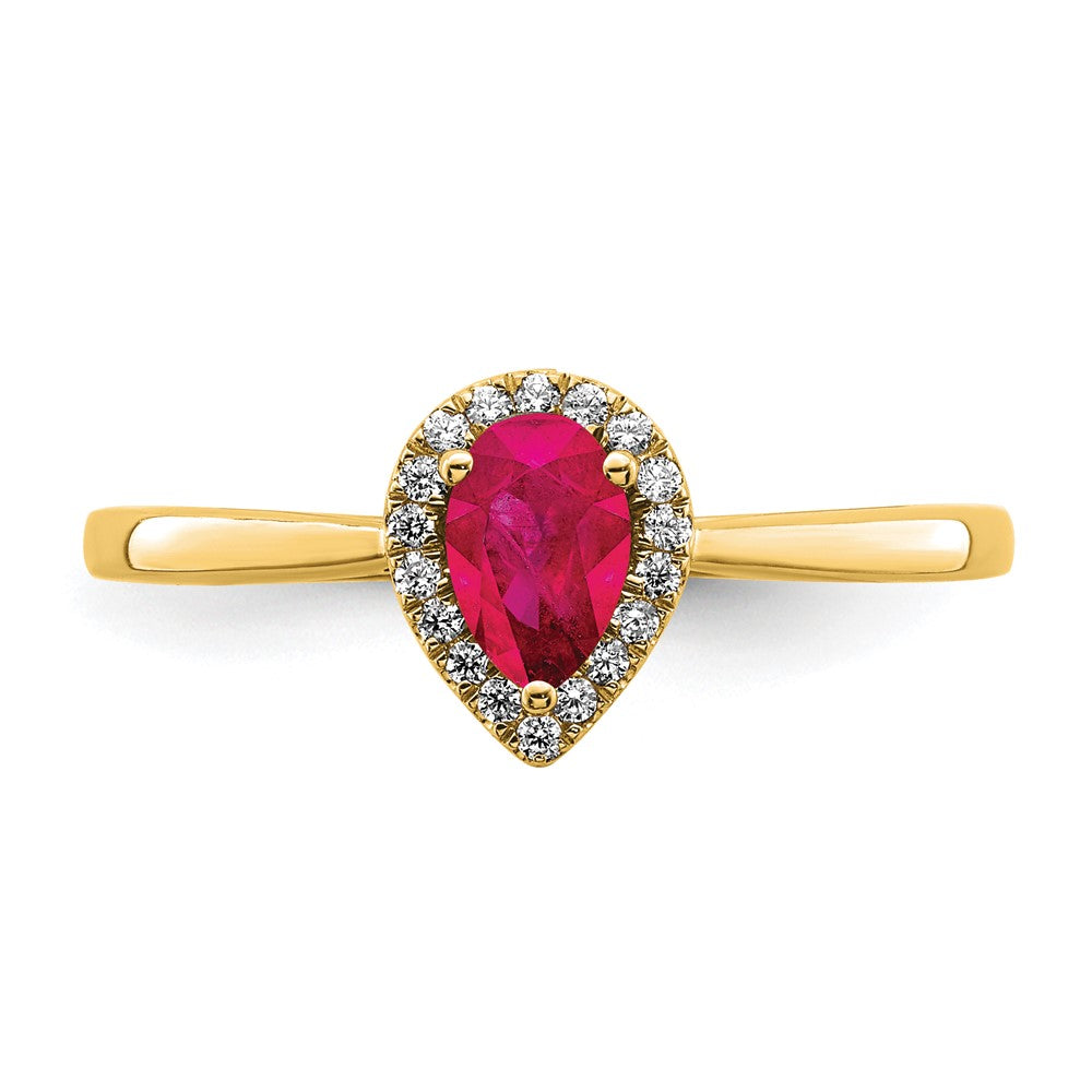 14K Yellow Gold Pear Ruby and Real Diamond Halo Ring