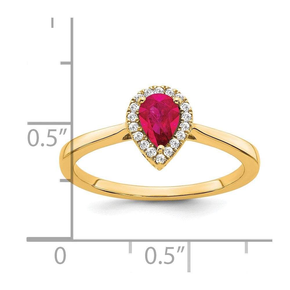 14K Yellow Gold Pear Ruby and Real Diamond Halo Ring