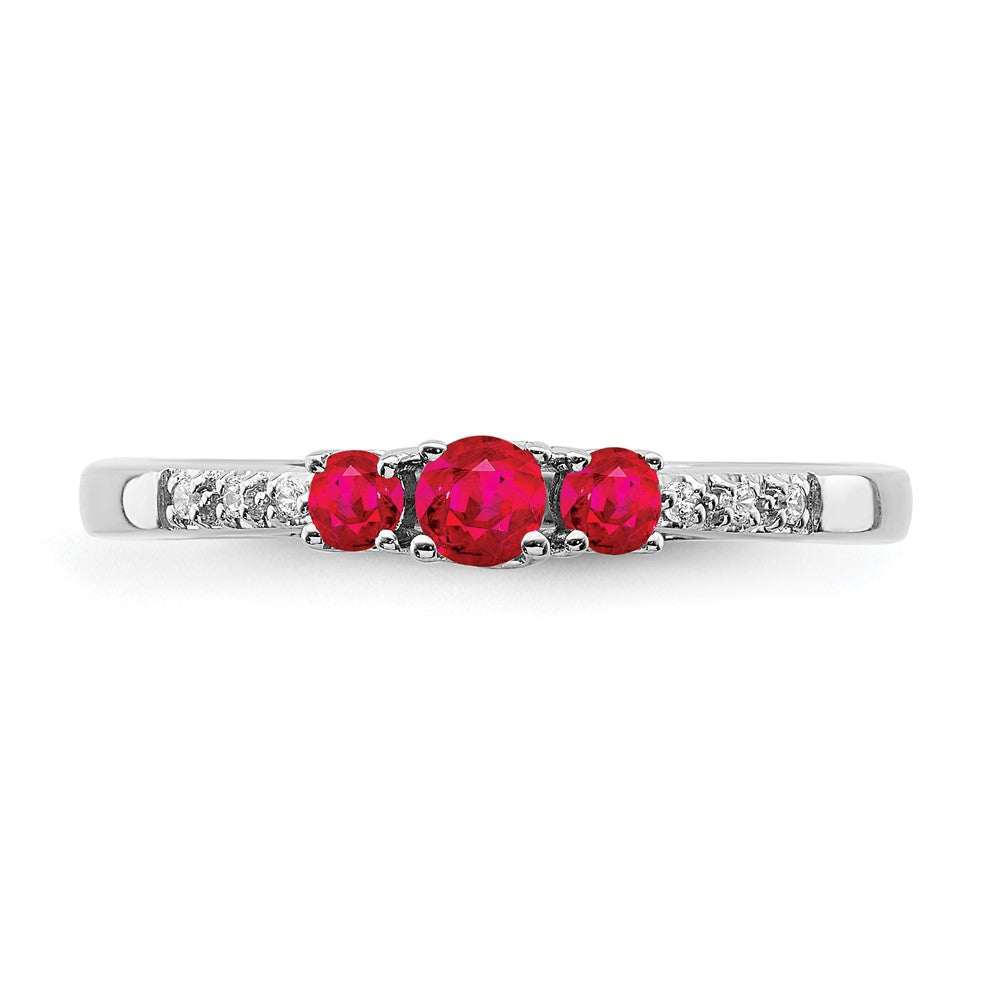 14k White Gold Ruby and Real Diamond 3-stone Ring