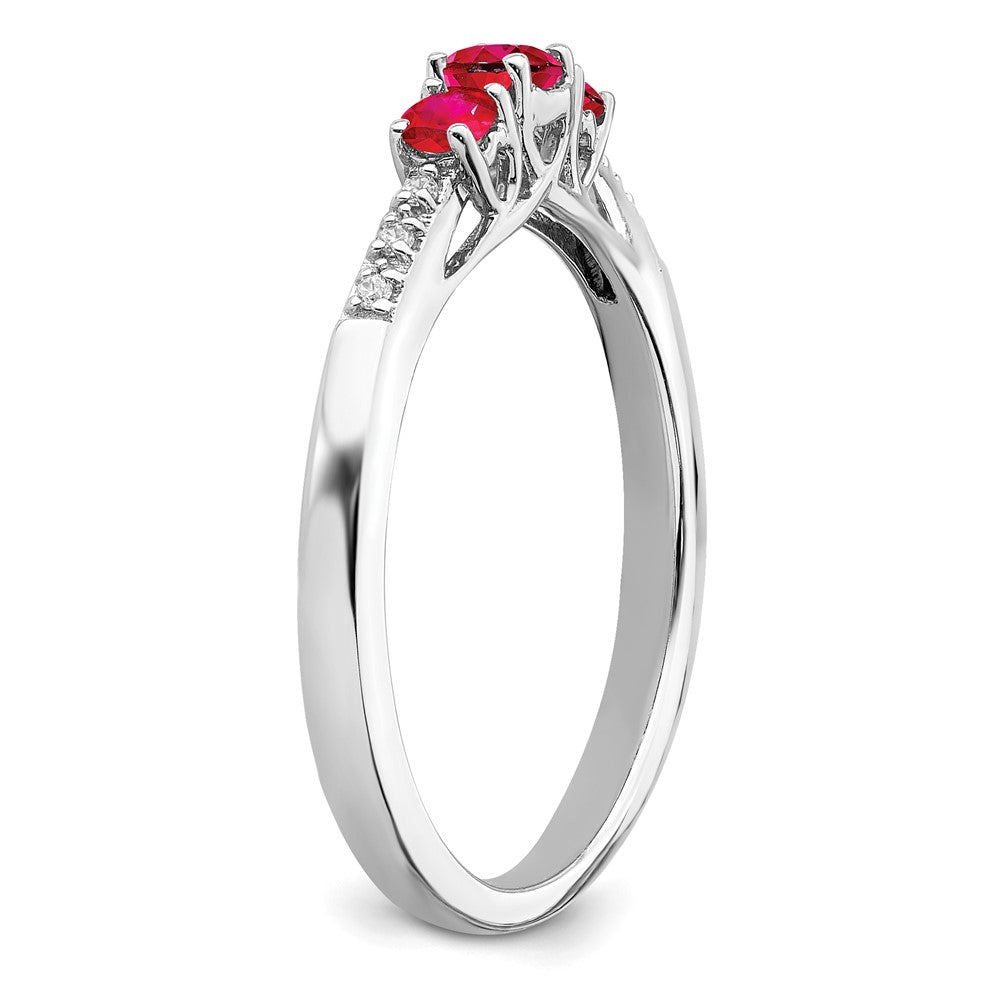 14k White Gold Ruby and Real Diamond 3-stone Ring