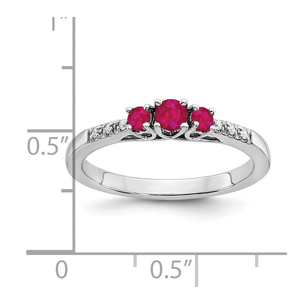 14k White Gold Ruby and Real Diamond 3-stone Ring