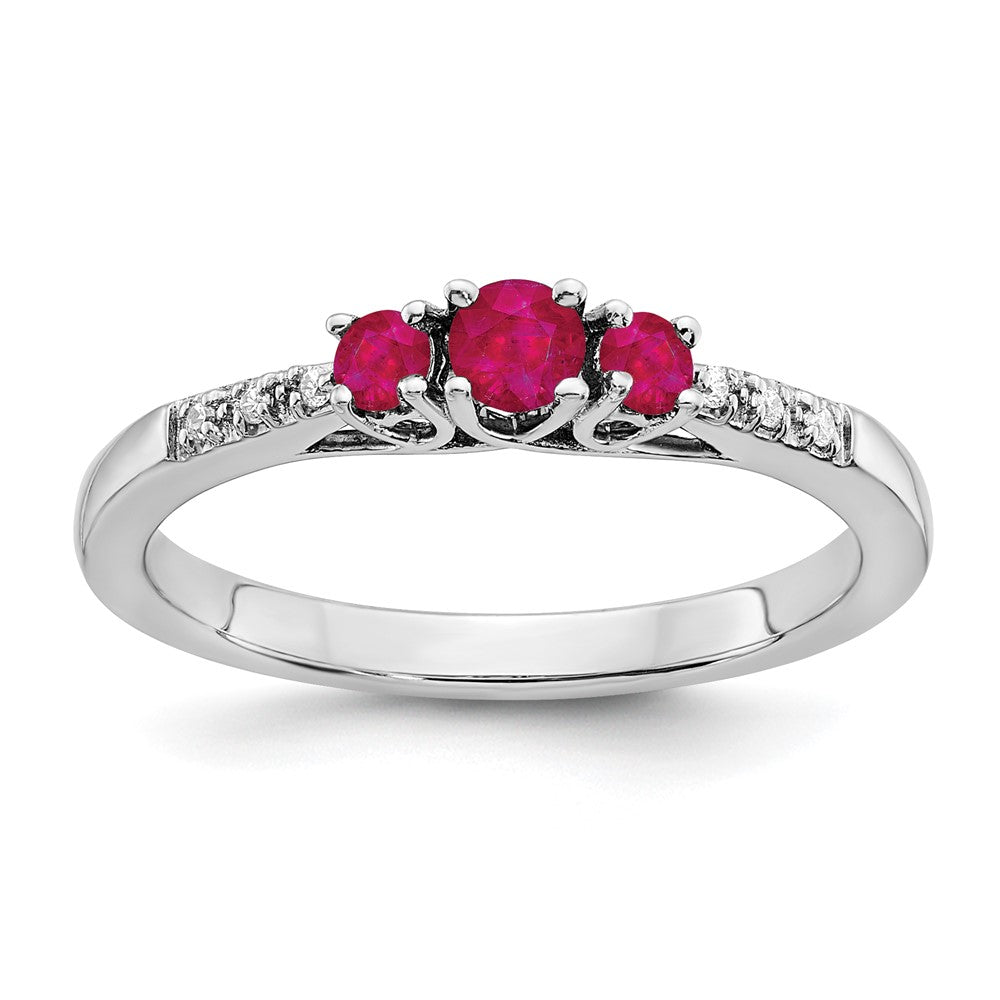 14k White Gold Ruby and Real Diamond 3-stone Ring