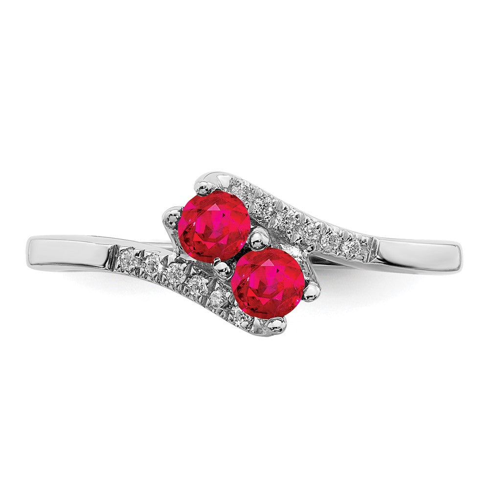 14k White Gold Ruby and Real Diamond 2-stone Bypass Ring