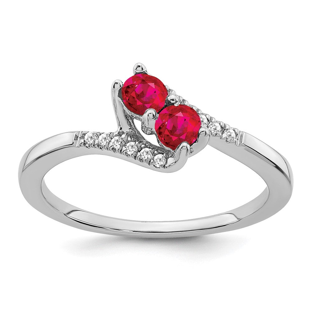 14k White Gold Ruby and Real Diamond 2-stone Bypass Ring