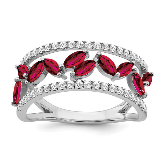 14k White Gold Marquise Created Ruby and Real Diamond Ring