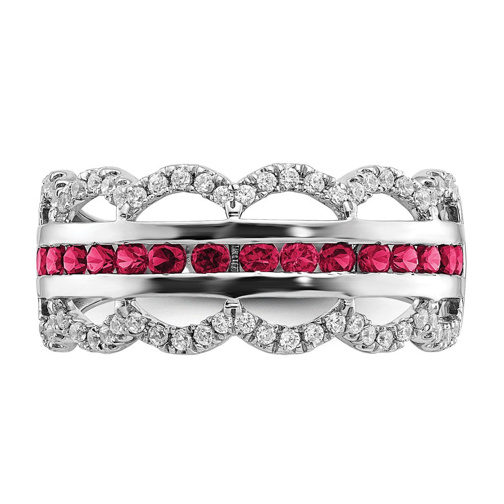 14k White Gold Created Ruby and Real Diamond Scallop Ring