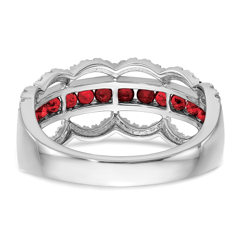 14k White Gold Created Ruby and Real Diamond Scallop Ring