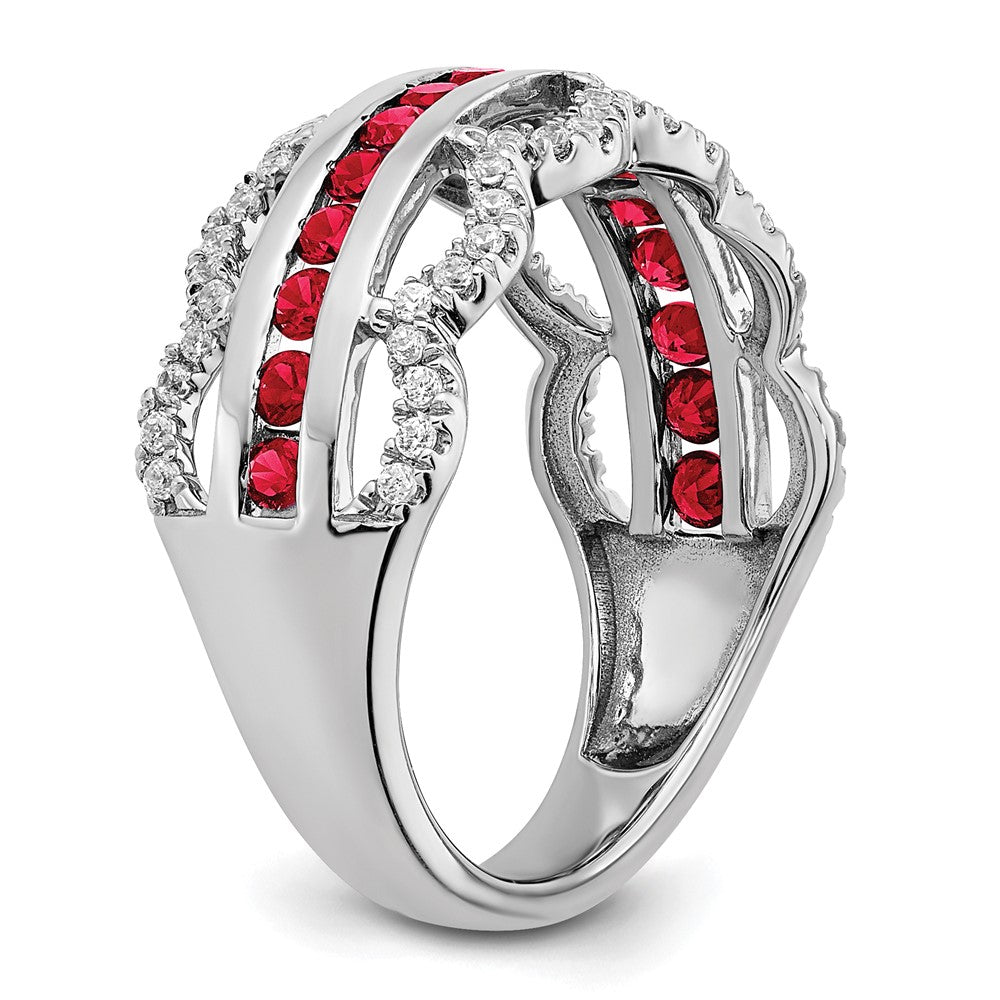 14k White Gold Created Ruby and Real Diamond Scallop Ring