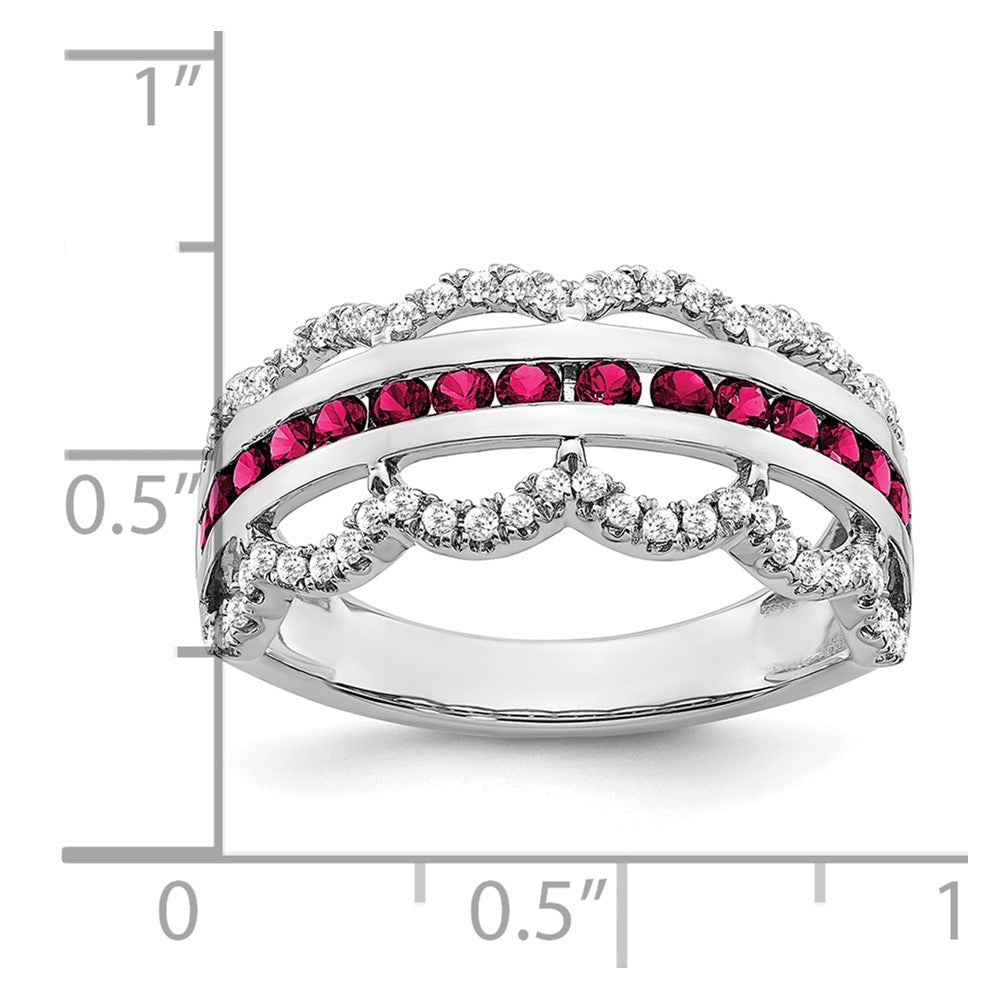 14k White Gold Created Ruby and Real Diamond Scallop Ring