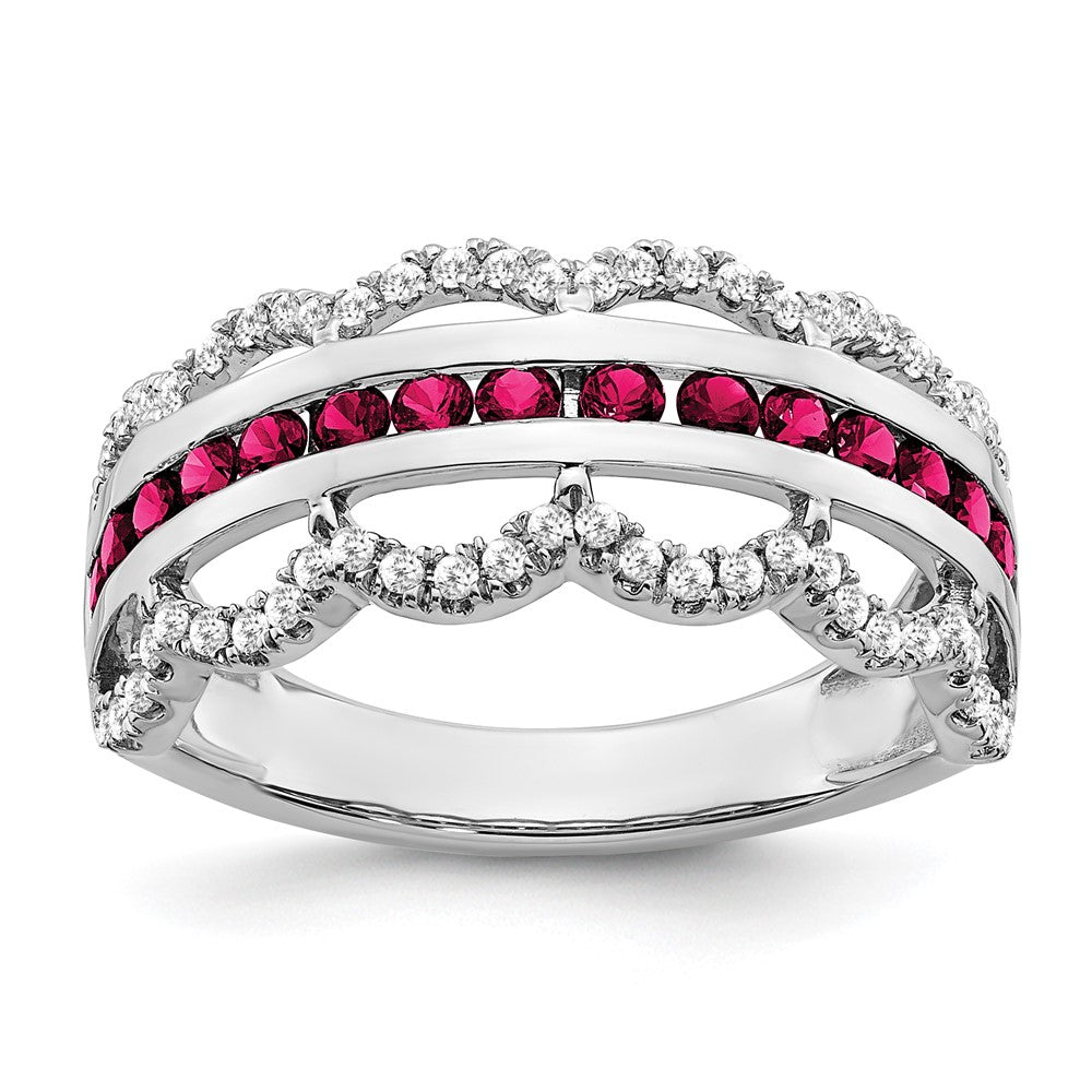 14k White Gold Created Ruby and Real Diamond Scallop Ring