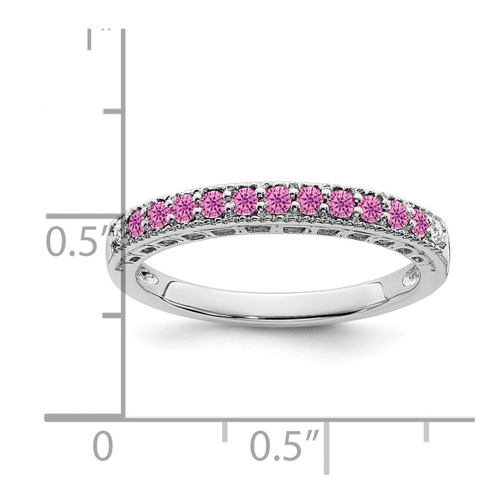 14k White Gold Created Pink Sapphire and Real Diamond Band