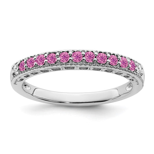 14k White Gold Created Pink Sapphire and Real Diamond Band