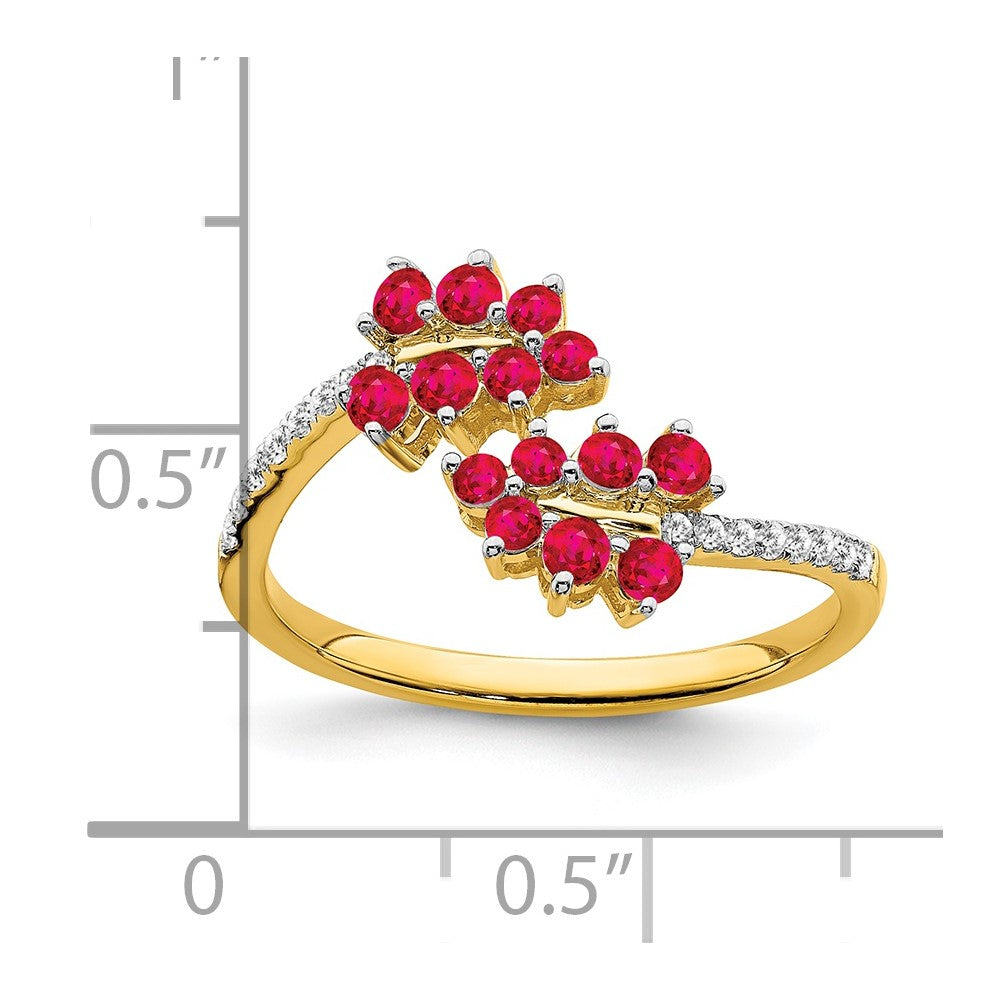 14K Yellow Gold Ruby and Real Diamond Leaves Bypass Ring