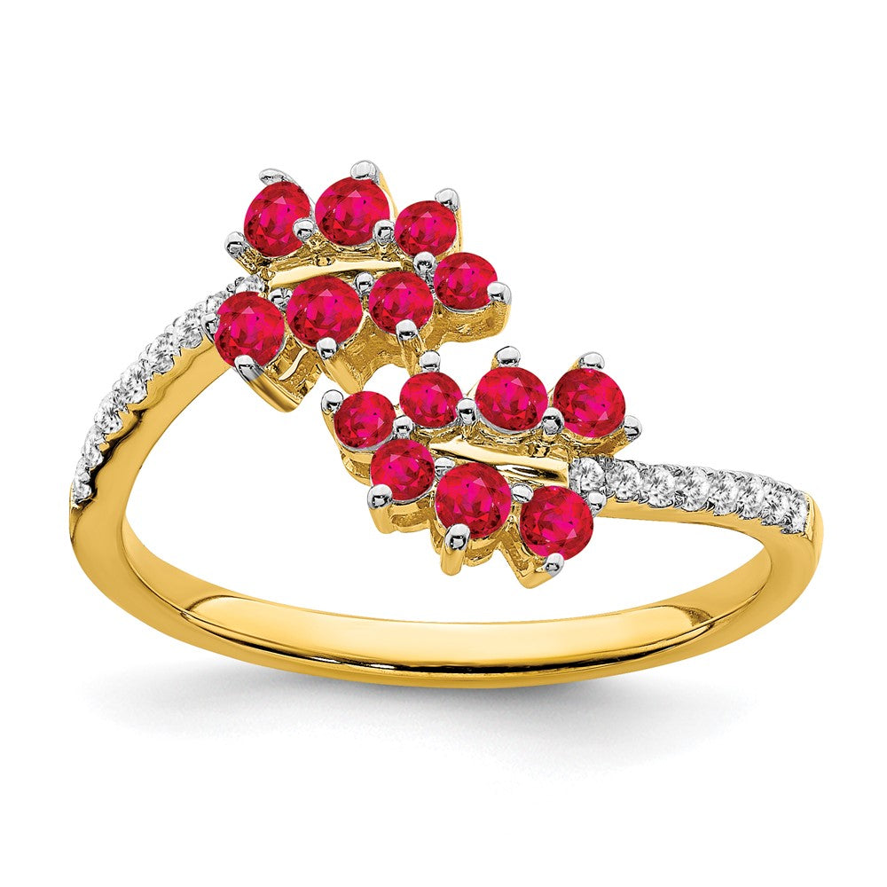 14K Yellow Gold Ruby and Real Diamond Leaves Bypass Ring