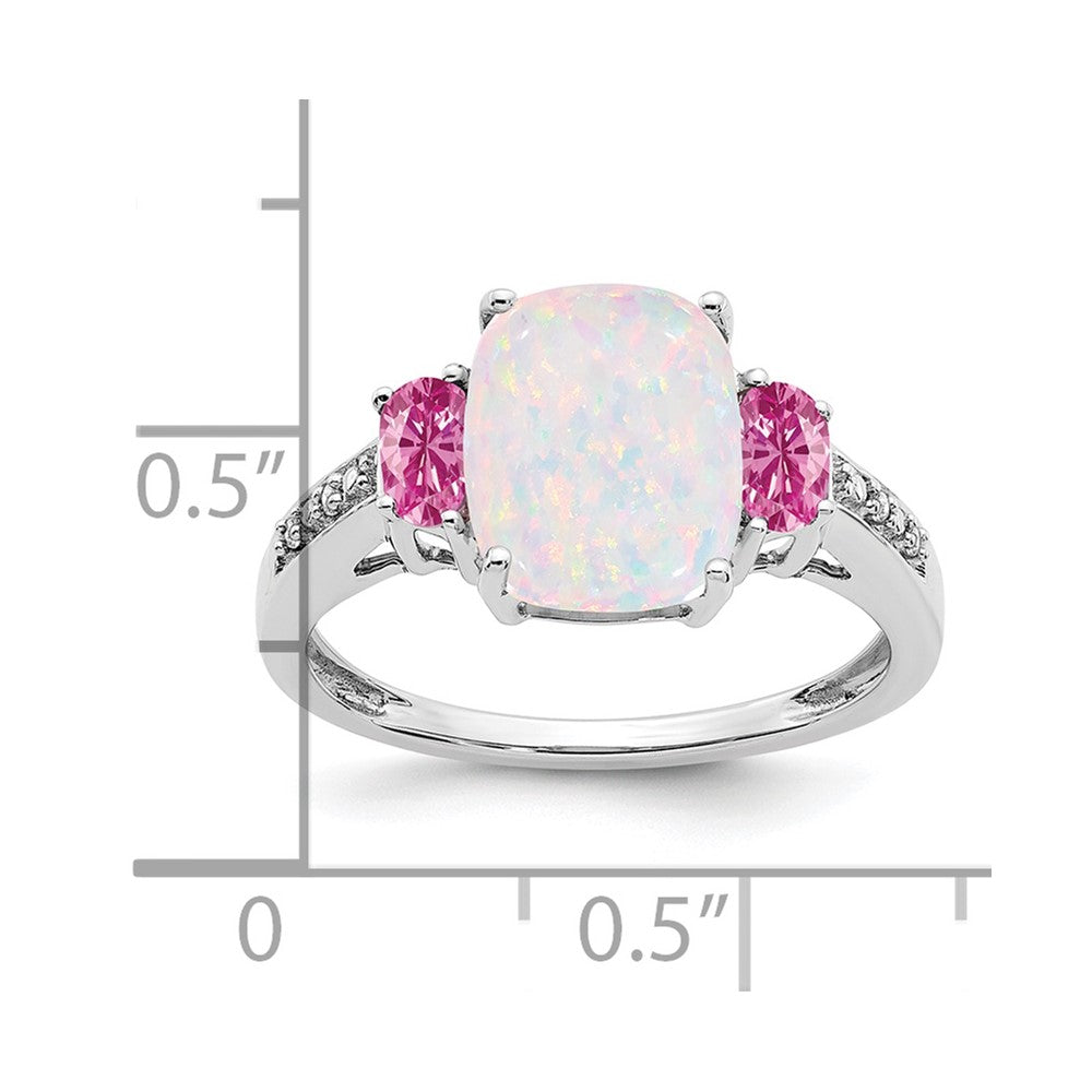 Solid 14k White Gold Created Simulated Opal Simulated/Created PinK Sapphire Simulated/Simulated CZ Ring