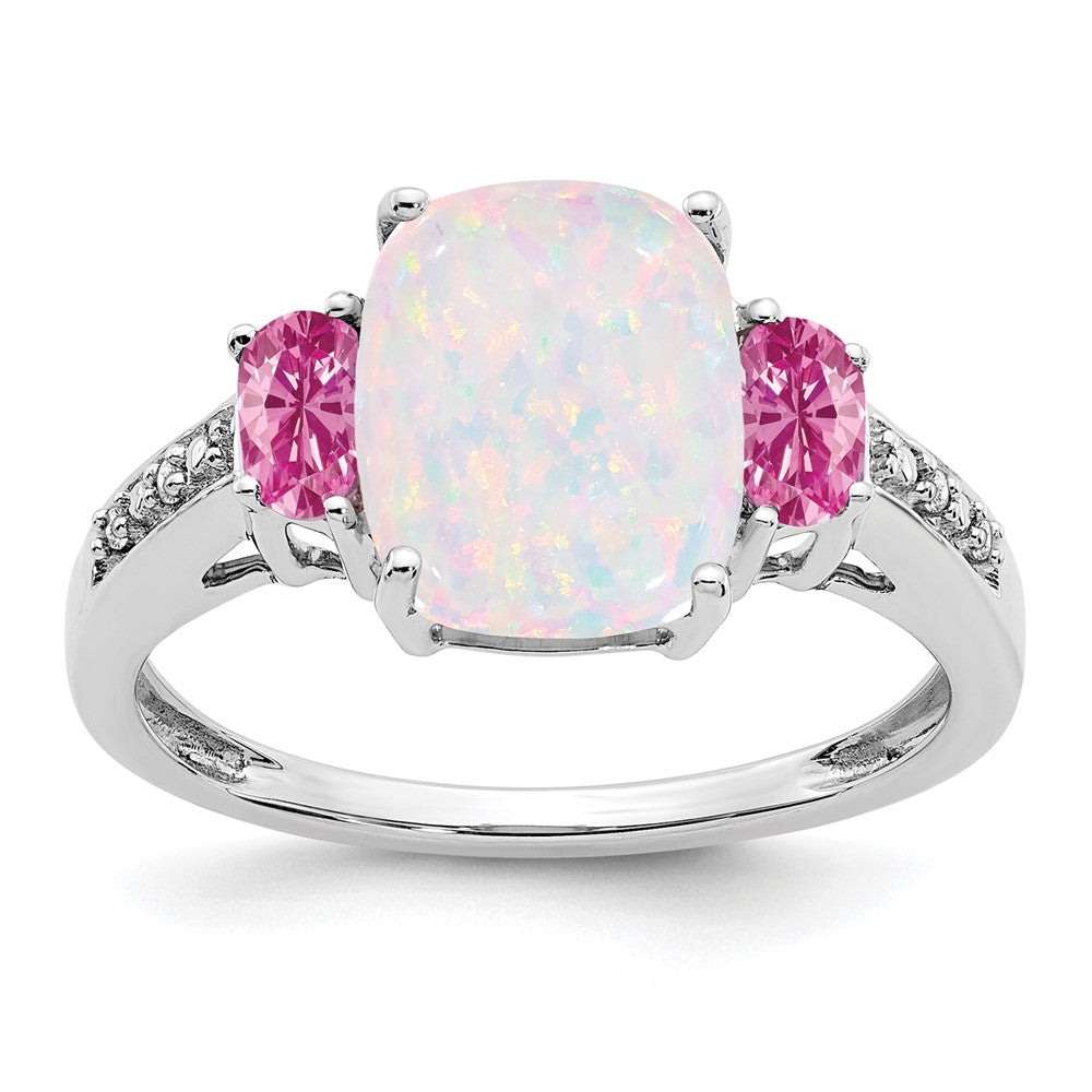 Solid 14k White Gold Created Simulated Opal Simulated/Created PinK Sapphire Simulated/Simulated CZ Ring