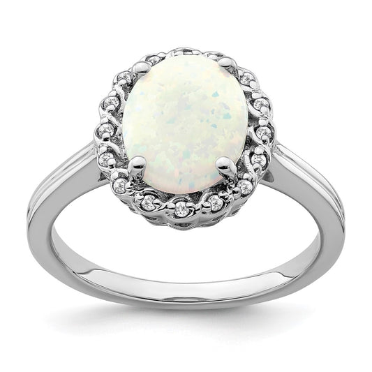 14k White Gold Created Opal and Real Diamond Halo Ring