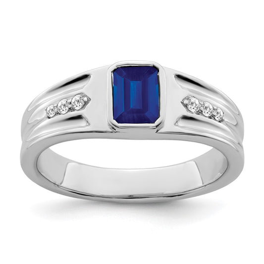 14k White Gold Sapphire and Real Diamond Mens Ring