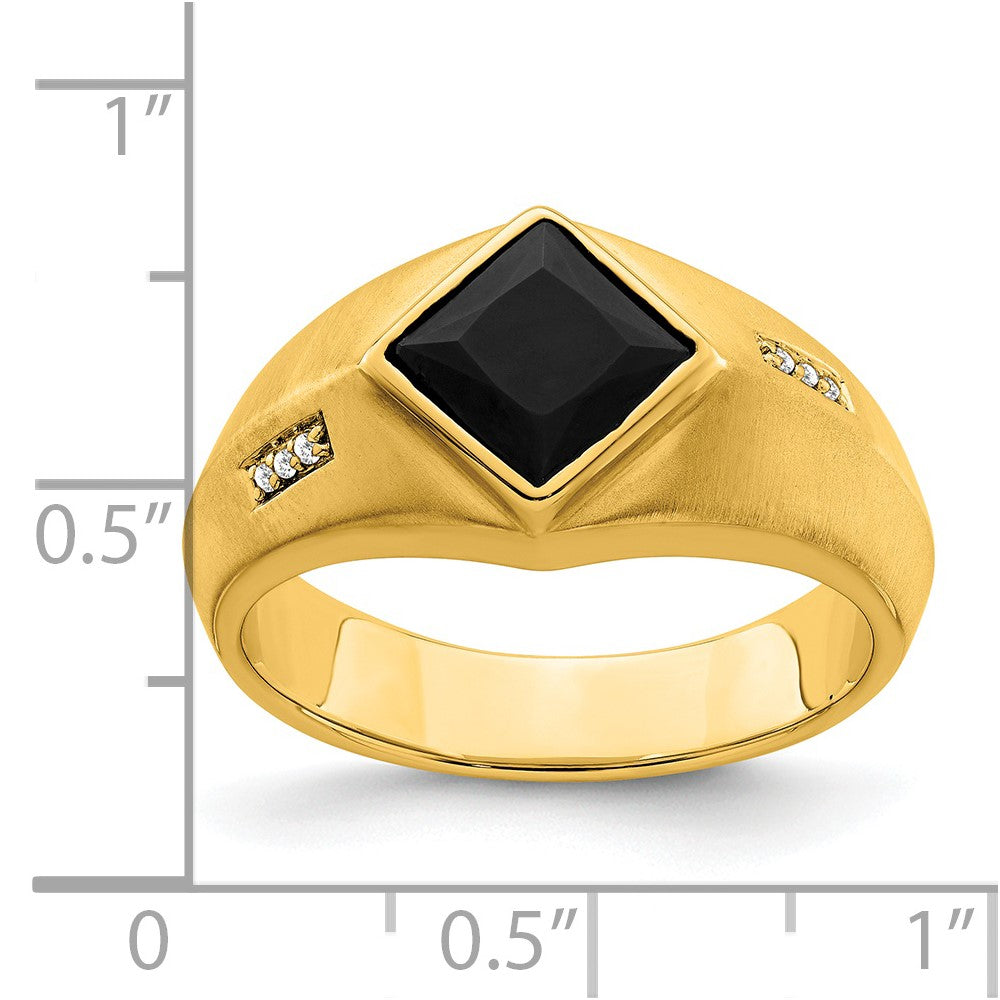 14K Yellow Gold Onyx and Real Diamond Satin Mens Ring