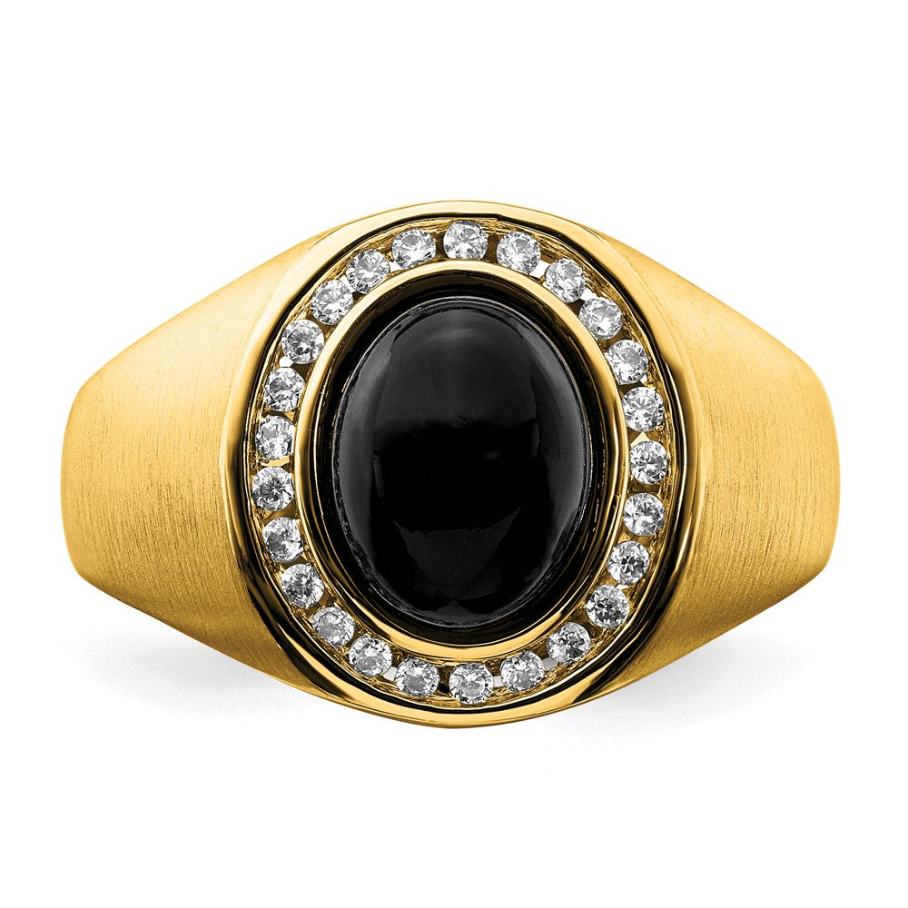 14K Yellow Gold Oval Onyx and Real Diamond Mens Ring