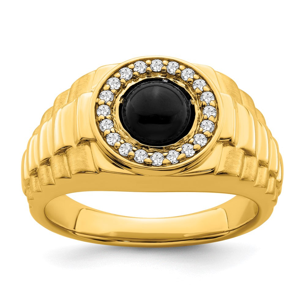 14K Yellow Gold Onyx and Real Diamond Mens Ring