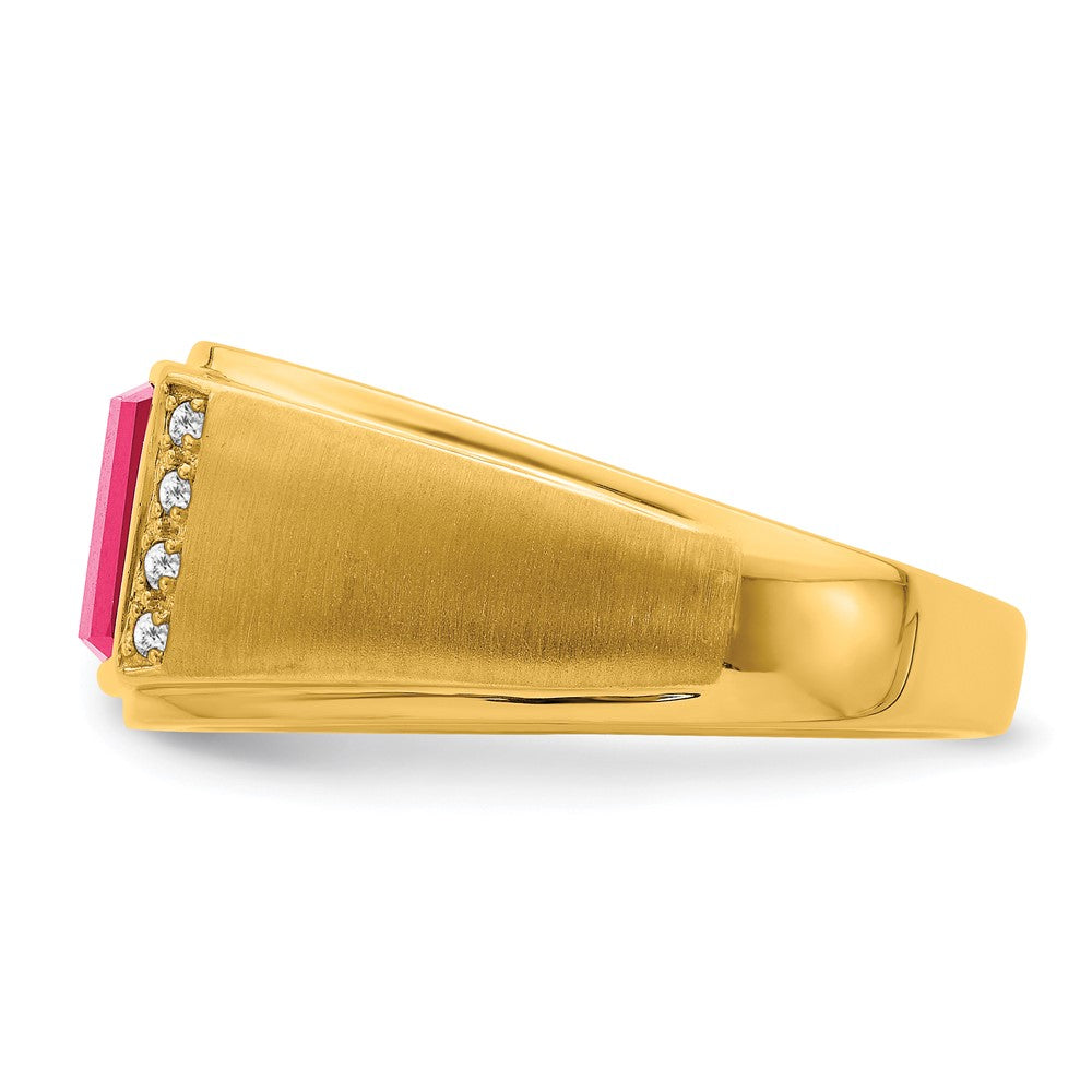 14K Yellow Gold Created Ruby and Real Diamond Mens Ring