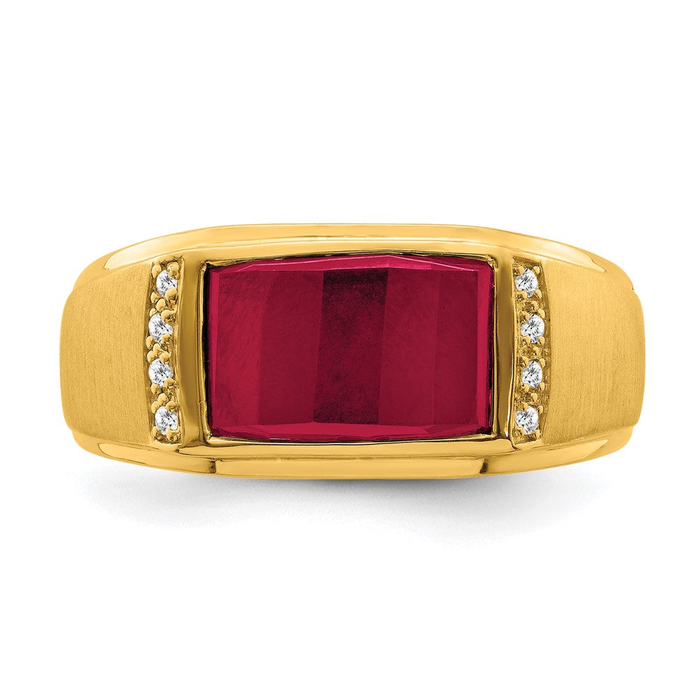 14K Yellow Gold Created Ruby and Real Diamond Mens Ring