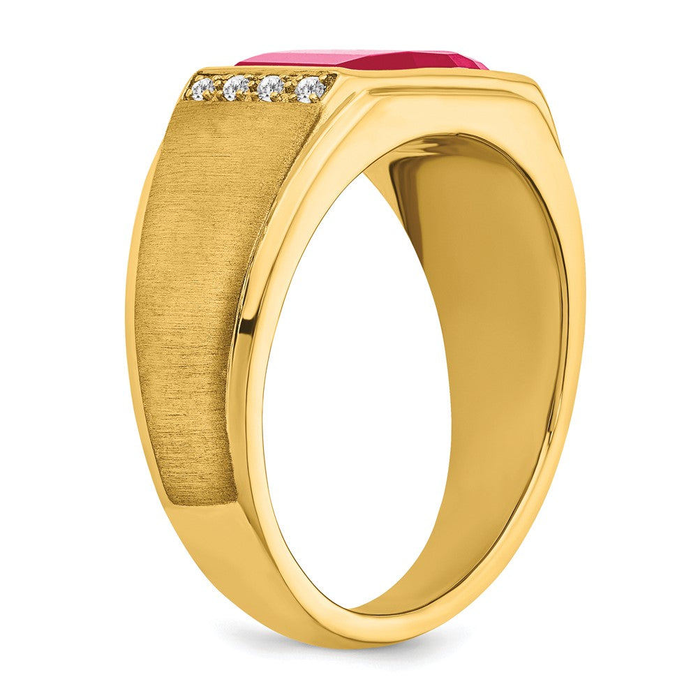 14K Yellow Gold Created Ruby and Real Diamond Mens Ring