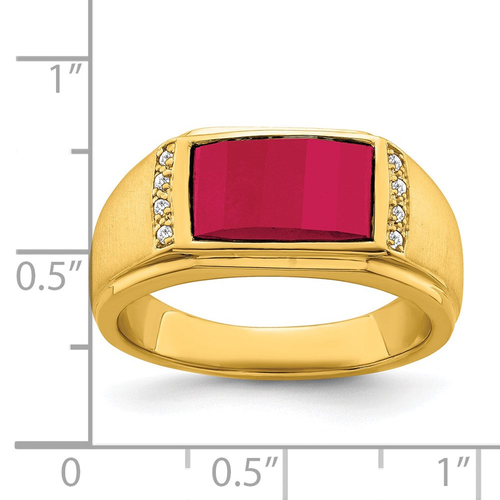 14K Yellow Gold Created Ruby and Real Diamond Mens Ring