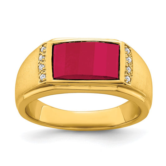 14K Yellow Gold Created Ruby and Real Diamond Mens Ring