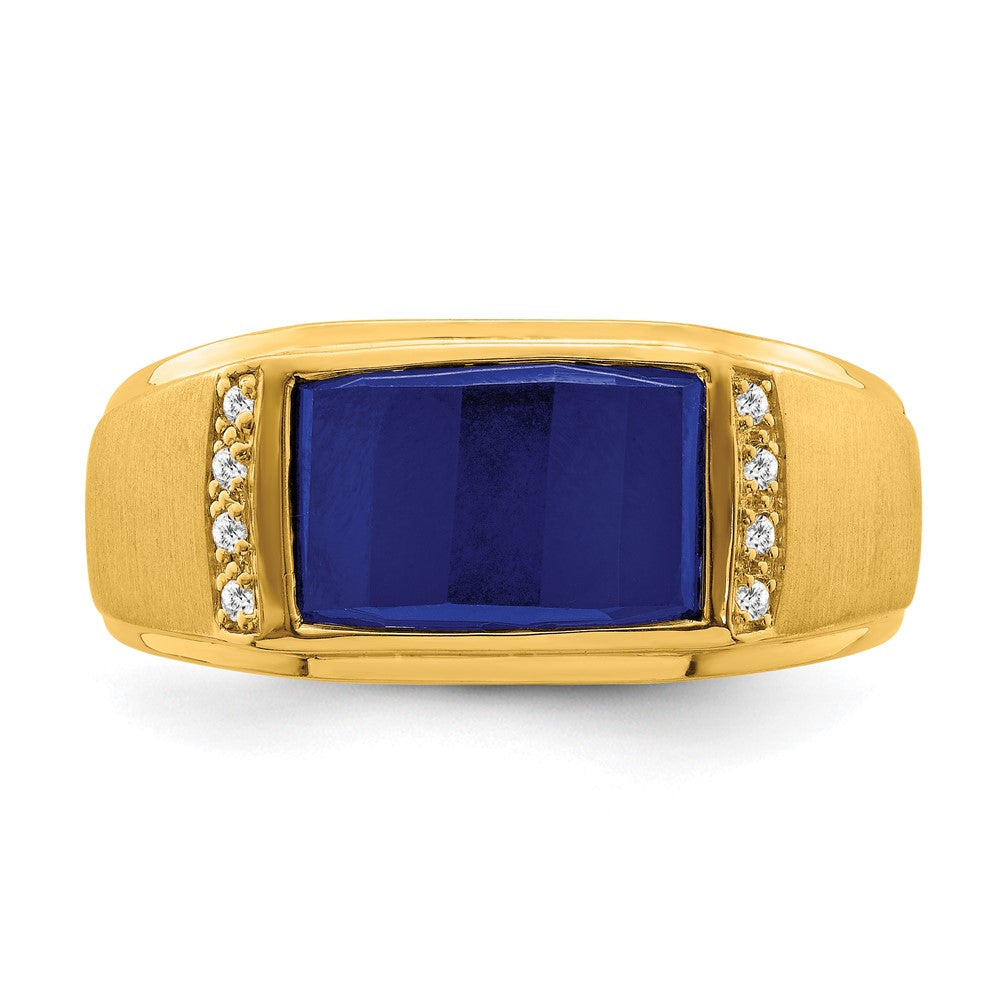 14K Yellow Gold Created Sapphire and Real Diamond Mens Ring