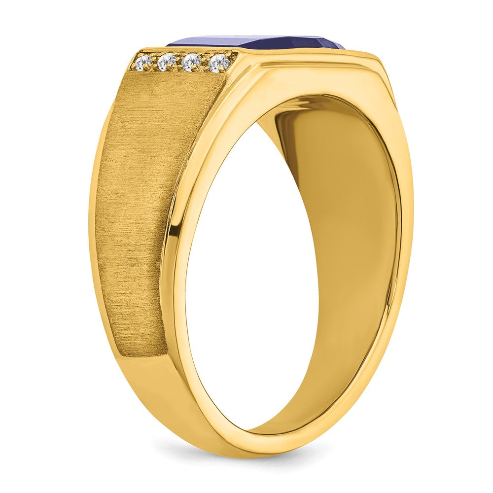 14K Yellow Gold Created Sapphire and Real Diamond Mens Ring