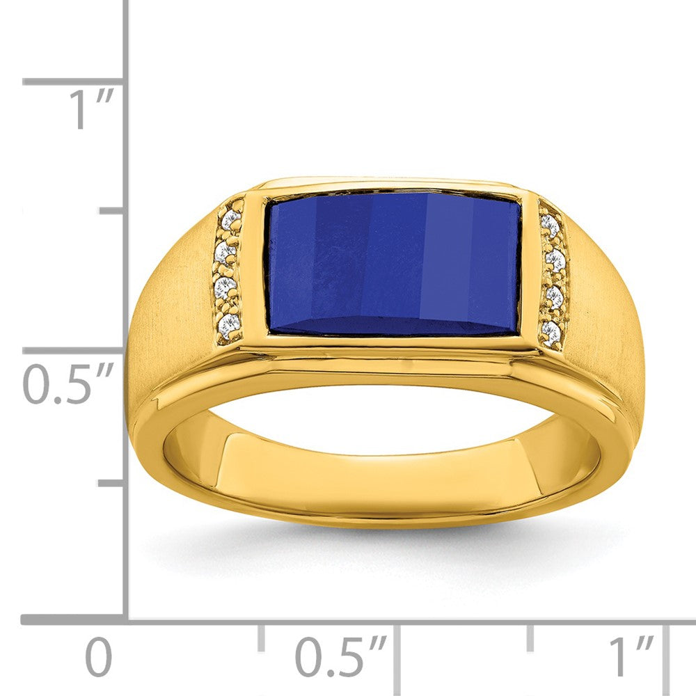 14K Yellow Gold Created Sapphire and Real Diamond Mens Ring