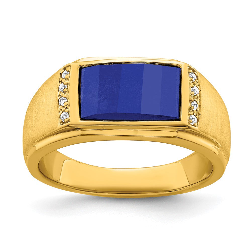 14K Yellow Gold Created Sapphire and Real Diamond Mens Ring