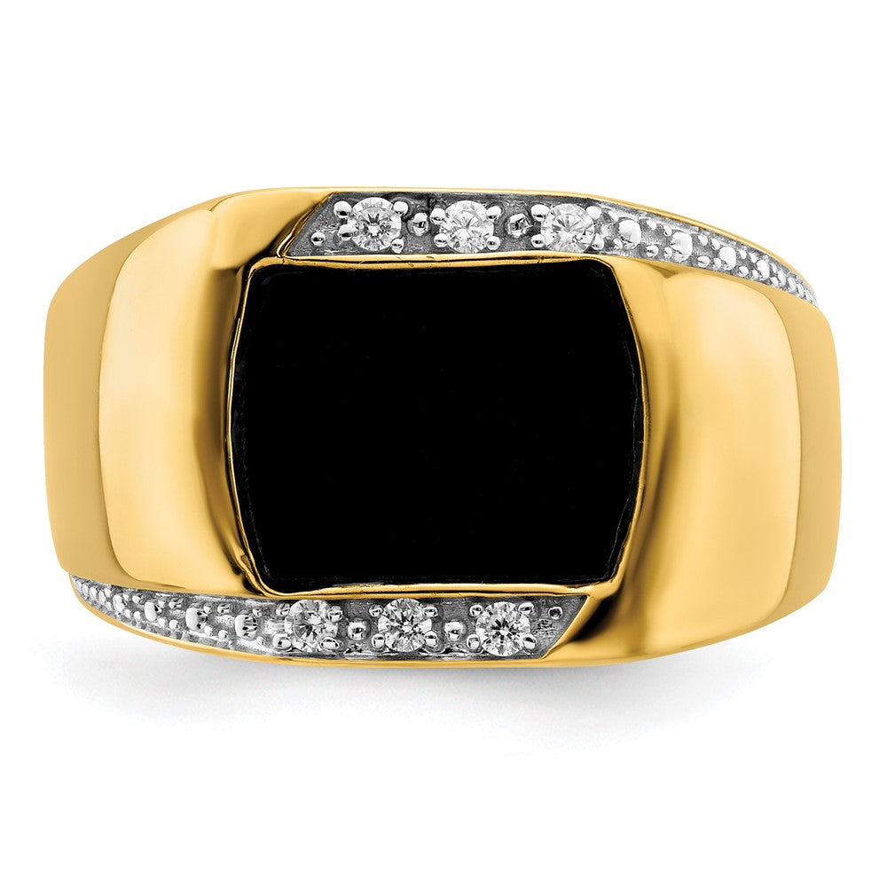 14K Yellow Gold Onyx and Real Diamond Mens Ring